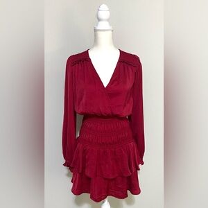 Glam Womens S Solid Dark Red Long Sleeve Ruffle Dress Preppy Classic Feminine